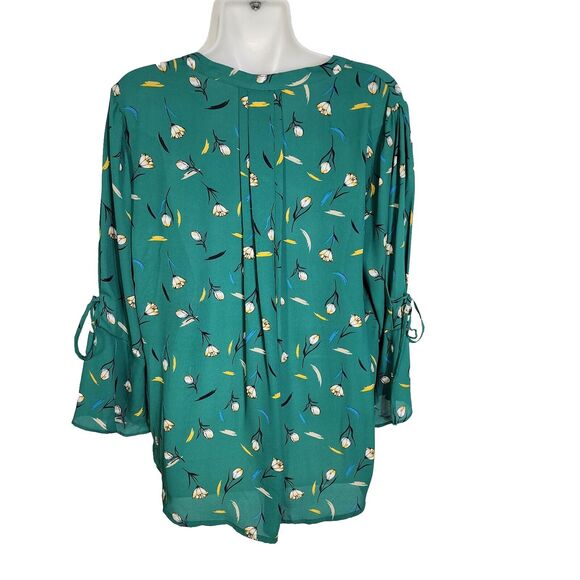 41 Hawthorn Womens Blouse Small Trina Bell Tie 3/4 Sleeve Green Floral V Neck - Picture 2 of 12